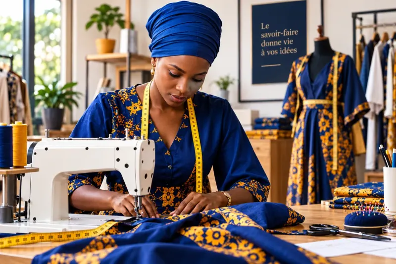 Couturière au travail sur une machine à coudre